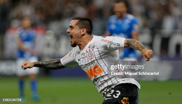 Fagner of Corinthians celebrates after scoring the first goal of his team during a match between Corinthians and Cruzeiro for the Brasileirao Series...