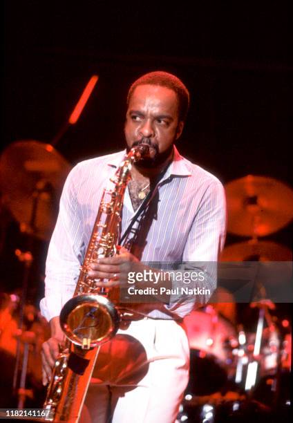 Jazz musician Grover Washington, Jr performing on stage at the Park West in Chicago, Illinois, February 18, 1985.