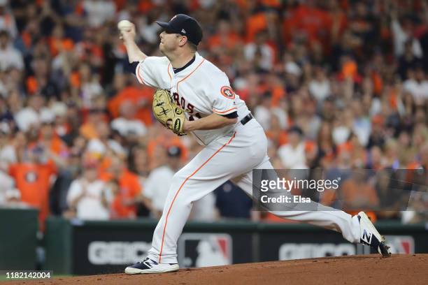 Brad Peacock of the Houston Astros delivers the first pitch of game six of the American League Championship Series against the New York Yankees at...
