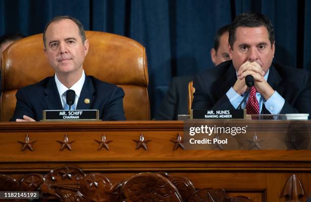 House Intelligence Committee Chairman Adam Schiff and ranking member of the House Intelligence Committee Devin Nunes listen to testimony during the...