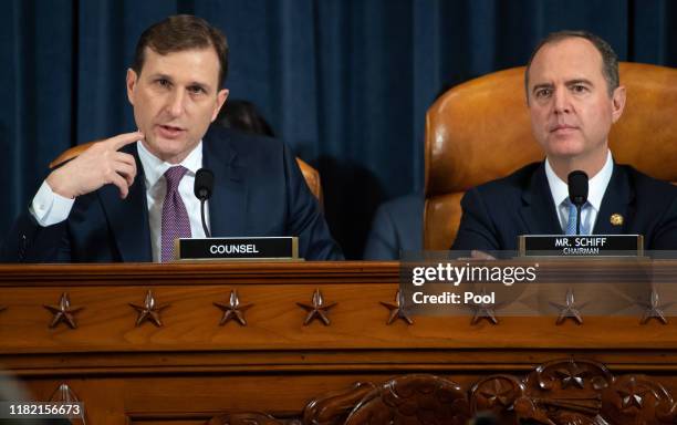 Democratic Counsel Daniel Goldman questions top U.S. Diplomat in Ukraine William B. Taylor Jr. As Chairman Adam Schiff listens during the first...
