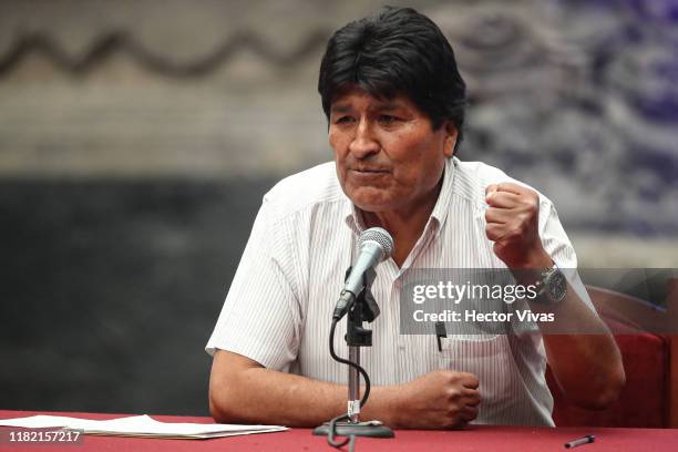 Former President of Bolivia Evo Morales Ayma speaks during a press conference at Museo de la Ciudad de Mexico on November 13, 2019 in Mexico City,...