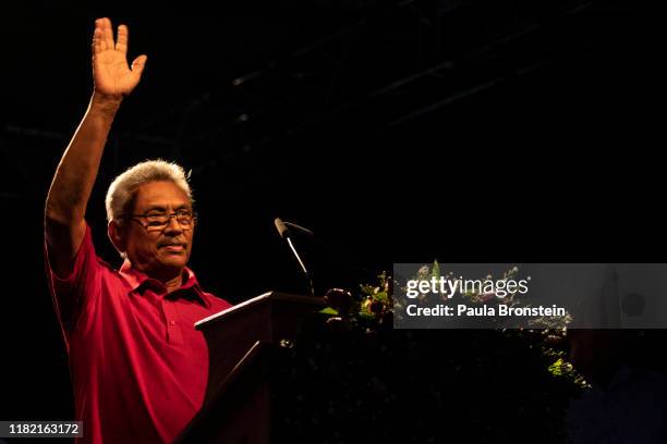 Presidential candidate Gotabaya Rajapaksa with the Sinhalese-Buddhist nationalist party on stage during the last political rally before heading to...