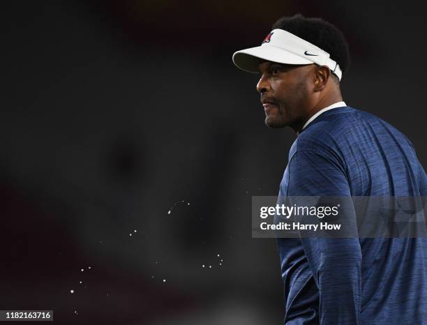 Head coach Kevin Sumlin of the Arizona Wildcats reacts after arguing with officials for a pass interference call against the USC Trojans during the...