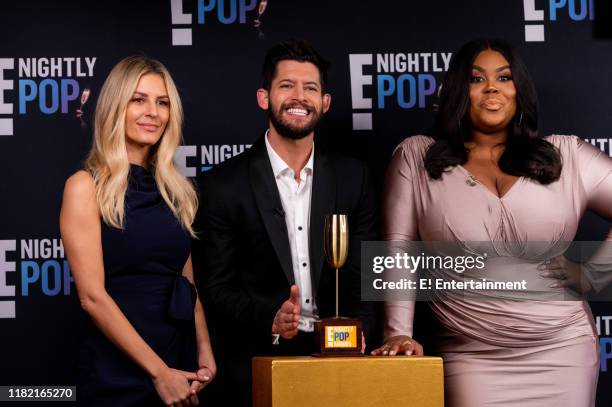 Episode 191107 -- Pictured: Nightly Pop Co-Hosts Morgan Stewart, Hunter March, and Nina Parker pose on set --