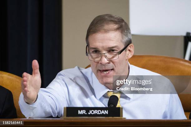 Representative Jim Jordan, a Republican from Ohio, speaks during a House Intelligence Committee impeachment inquiry hearing in Washington, D.C.,...