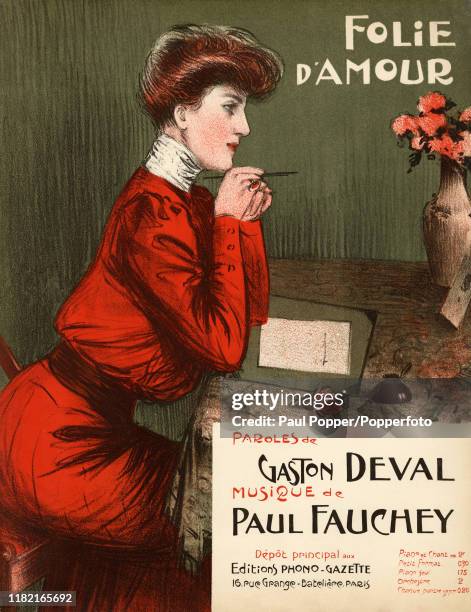 Vintage songsheet illustration for "Folie D'Amour" with lyrics by Gaston Deval and music by Paul Fauchey, and featuring a young lady sitting at a...