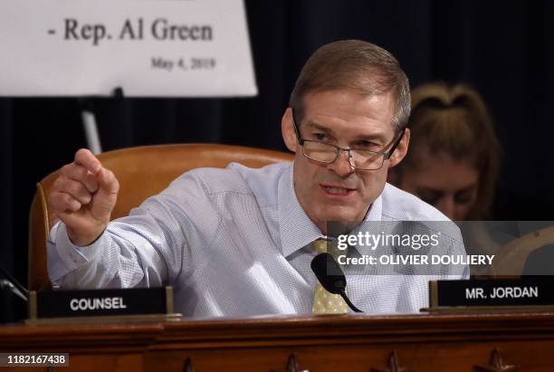 Representative Jim Jordan, Republican of Ohio, asks questions of witnesses US Ambassador to Ukraine William Taylor and Deputy Assistant Secretary...