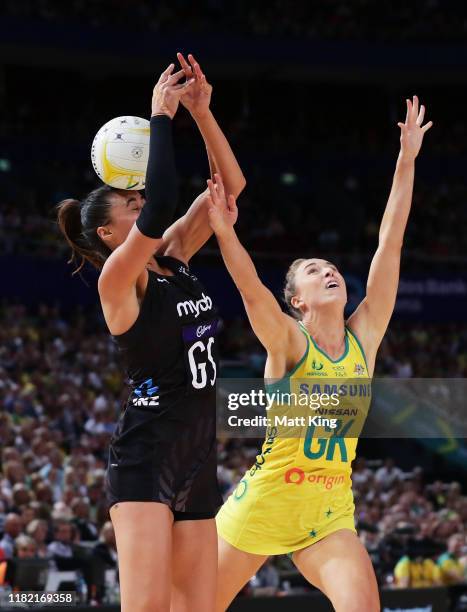 Maria Folau of New Zealand is challenged by Sarah Klau of Australia during the 2019 Constellation Cup match between the Australian Diamonds and the...