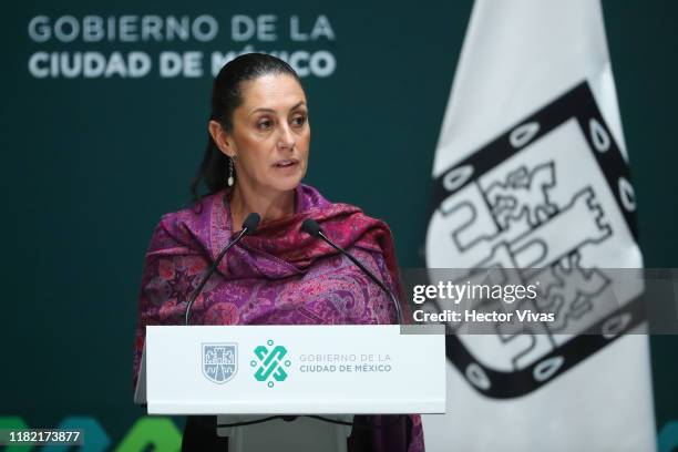 Mayor of Mexico City Claudia Sheinbaum speaks during an event to distinguish Evo Morales as honorary guest at City Hall on November 13, 2019 in...