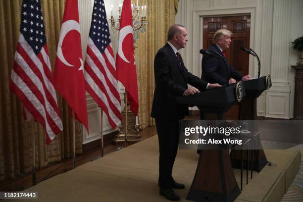 President Donald Trump and Turkish President Recep Tayyip Erdogan hold a press conference in the East Room of the White House on November 13, 2019 in...