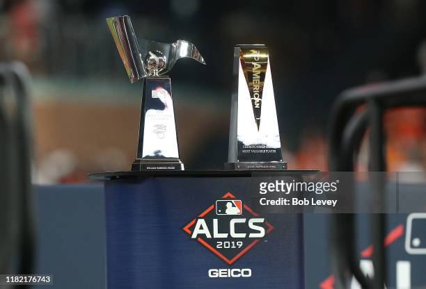 View of the championship and MVP trophies following game six of the American League Championship Series between the Houston Astros and the New York...