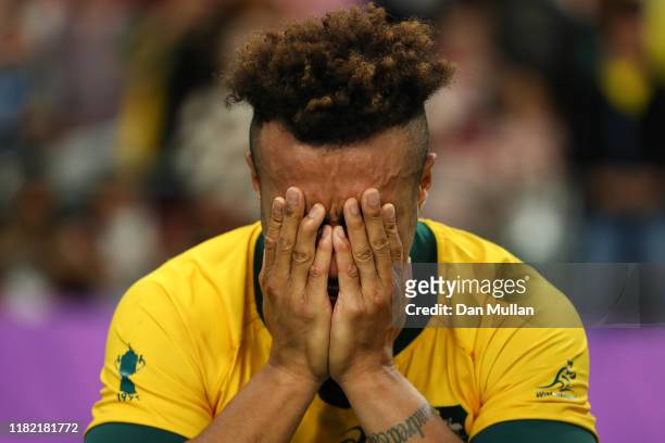 Will Genia of Australia cries following his side's defeat during the Rugby World Cup 2019 Quarter Final match between England and Australia at Oita...