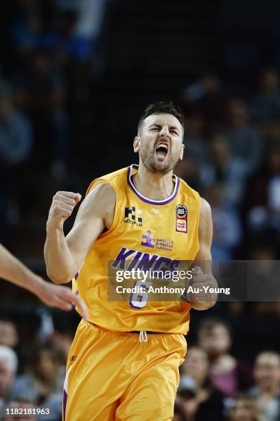 Andrew Bogut of the Kings celebrates a basket during the round three NBL match between the New Zealand Breakers and the Sydney Kings at Spark Arena...