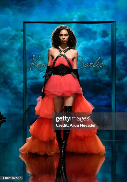 Model walks the runway wearing Kenneth Barlis during Los Angeles Fashion Week SS/20 Powered by Art Hearts Fashion on October 19, 2019 in Los Angeles,...