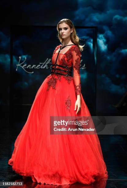 Model walks the runway wearing Kenneth Barlis during Los Angeles Fashion Week SS/20 Powered by Art Hearts Fashion on October 19, 2019 in Los Angeles,...