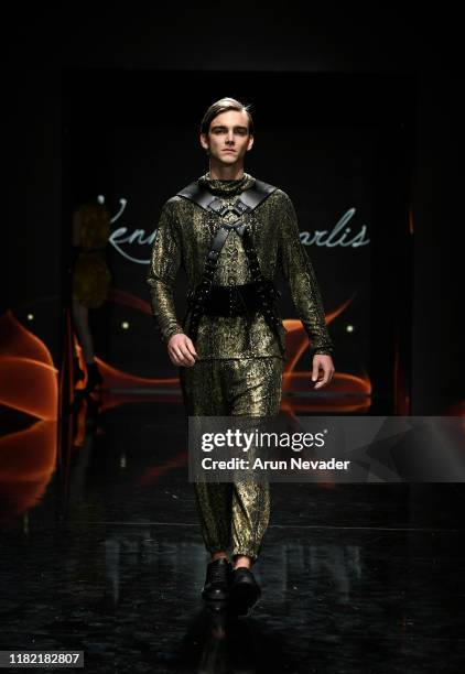 Model walks the runway wearing Kenneth Barlis during Los Angeles Fashion Week SS/20 Powered by Art Hearts Fashion on October 19, 2019 in Los Angeles,...