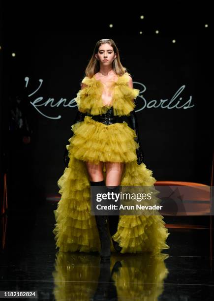 Model walks the runway wearing Kenneth Barlis during Los Angeles Fashion Week SS/20 Powered by Art Hearts Fashion on October 19, 2019 in Los Angeles,...