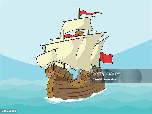 sailing ship caravel - galleon stock illustrations