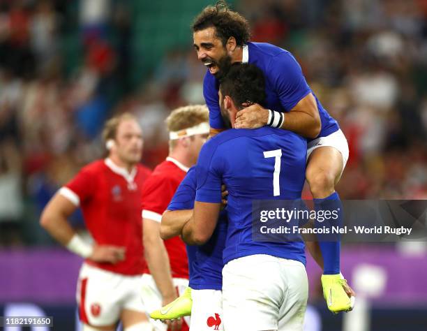 Charles Ollivon of France celebrates with teammates after scoring his team's second try during the Rugby World Cup 2019 Quarter Final match between...