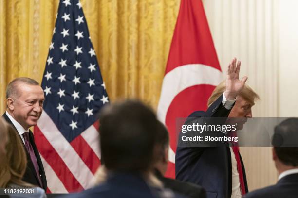 President Donald Trump and Recep Tayyip Erdogan, Turkey's president, left, depart following a joint press conference at the White House in...