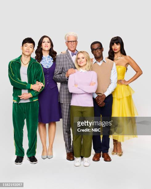 Season: 4 -- Pictured: Manny Jacinto as Jason, D'Arcy Carden as Janet, Ted Danson as Michael, Kristen Bell as Eleanor Shellstrop, William Jackson...