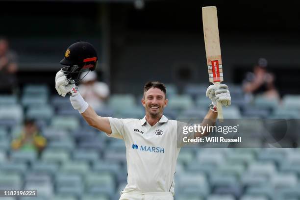Shaun Marsh of the Warriors celebrates his double century during day three of the Sheffield Shield match between Western Australia and Victoria at...