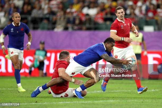 Virimi Vakatawa of France scores his sides third try during the Rugby World Cup 2019 Quarter Final match between Wales and France at Oita Stadium on...