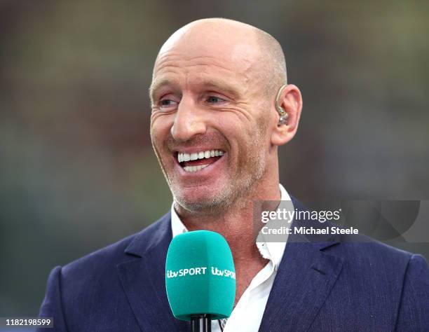 Ex Welsh Rugby player Gareth Thomas is seen working as a TV Pundit prior to the Rugby World Cup 2019 Quarter Final match between Wales and France at...