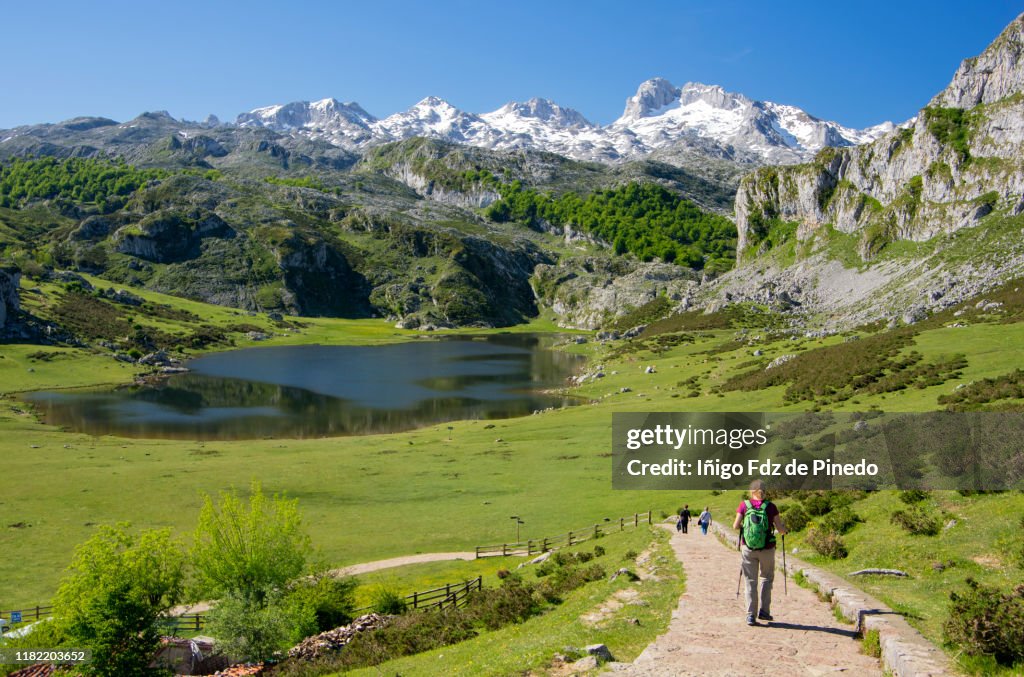 People in Lakes of Covadonga, Cangas de Onís, Asturias, Spain.