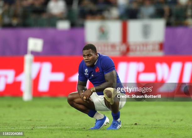Virimi Vakatawa of France looks on dejected during the Rugby World Cup 2019 Quarter Final match between Wales and France at Oita Stadium on October...