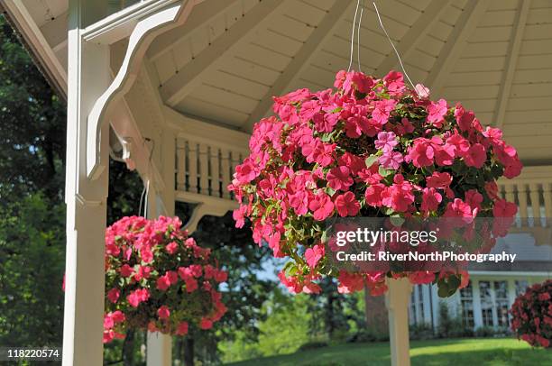 hanging baskets - flower basket stock pictures, royalty-free photos & images