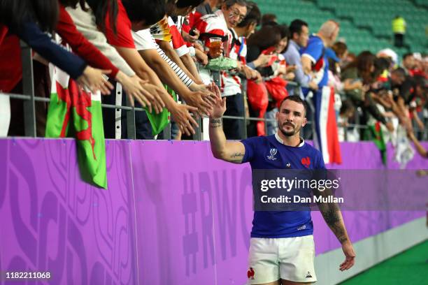 Louis Picamoles of France shows appreciation to the fans following defeat in the Rugby World Cup 2019 Quarter Final match between Wales and France at...