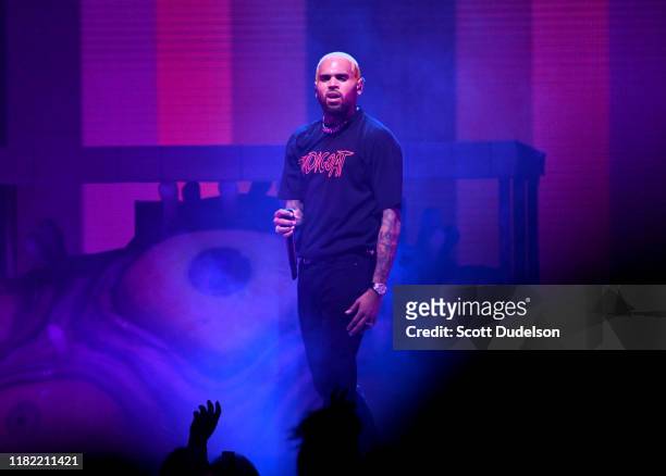 Singer Chris Brown performs onstage during the final night of the 2019 IndiGOAT tour at Honda Center on October 19, 2019 in Anaheim, California.