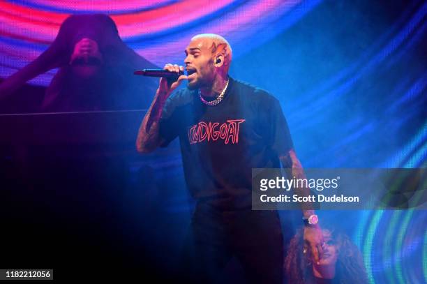 Singer Chris Brown performs onstage during the final night of the 2019 IndiGOAT tour at Honda Center on October 19, 2019 in Anaheim, California.