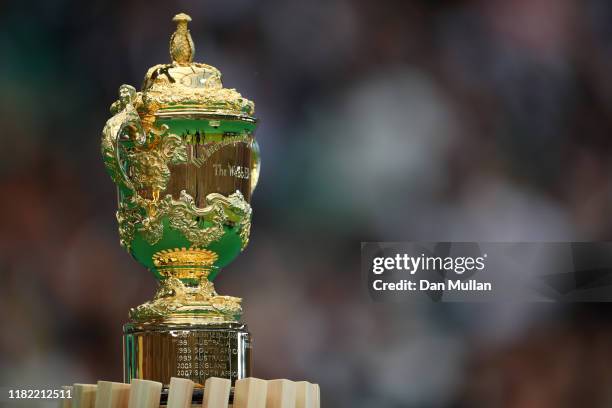 The Webb Ellis Cup is displayed prior to the Rugby World Cup 2019 Quarter Final match between England and Australia at Oita Stadium on October 19,...