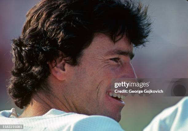 Quarterback Brian Sipe of the Cleveland Browns looks on from the sideline during a preseason game against the Atlanta Falcons at Fawcett Stadium at...