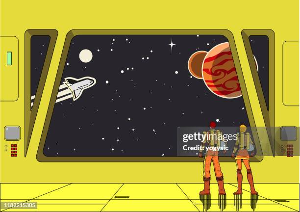 ilustraciones, imágenes clip art, dibujos animados e iconos de stock de vector retro space astronaut pareja dentro de la nave espacial mirando el espacio exterior - vehículo espacial