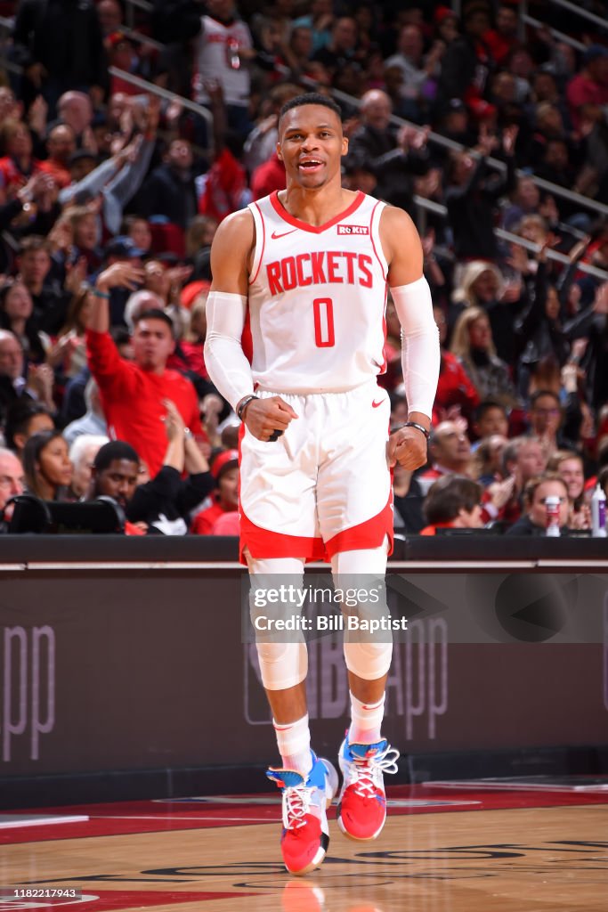 Russell Rockets Basketball Russell Westbrook of the Houston Rockets reacts to a play during the ...