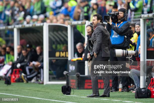 Toronto FC head coach Greg Vanney paces the sideline during the first half of the Major League Soccer Cup Final between Toronto FC and the Seattle...