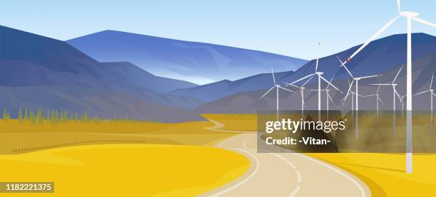 illustrazioni stock, clip art, cartoni animati e icone di tendenza di paesaggio con generatori eolici. paesaggio con una strada che si sovrasta all'orizzonte. illustrazione vettoriale. eps10 - turbina a vento