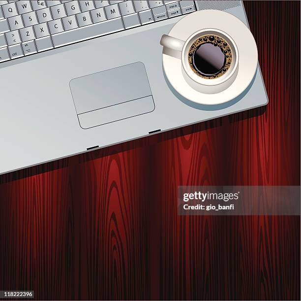 coffee and laptop - wood table overhead stock illustrations