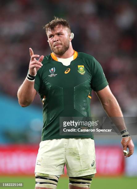 Duane Vermeulen of South Africa looks on during the Rugby World Cup 2019 Quarter Final match between Japan and South Africa at the Tokyo Stadium on...
