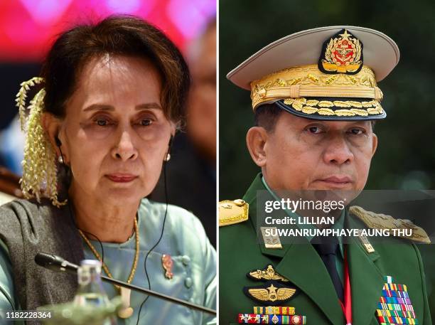 This combination of file photos created on November 14 shows Myanmar State Counsellor Aung San Suu Kyi attending the 35th Association of Southeast...