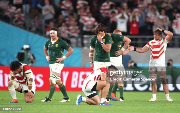 Ryoto Nakamura of Japan reacts following defeat in the Rugby World Cup 2019 Quarter Final match between Japan and South Africa at the Tokyo Stadium...