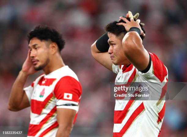 Kazuki Himeno of Japan reacts following defeat in the Rugby World Cup 2019 Quarter Final match between Japan and South Africa at the Tokyo Stadium on...