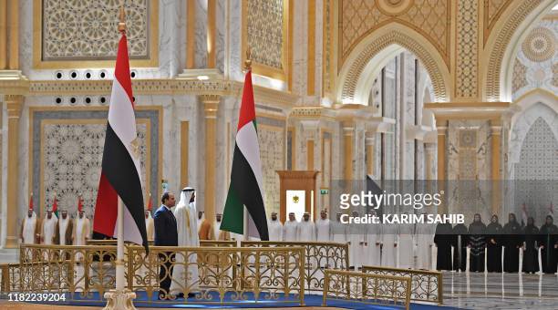 Egyptian President Abdel Fattah al-Sisi and the Crown Prince of Abu Dhabi, Sheikh Mohamed bin Zayed al-Nahyan, attend a welcome ceremony in the...