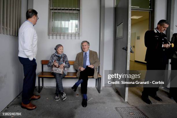 Lawier Fabio Anselmo speaks with Giovanni Cucchi and Rita Calore, Stefano's parents, in the Bunker Hall of Rebibbia awaiting sentencing in the Cucchi...