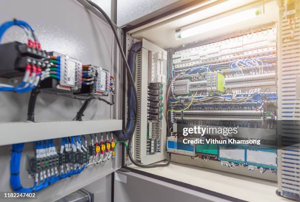 switch panel of switchgear electrical room at power plant. - pannello di controllo foto e immagini stock