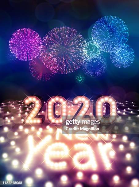 happy new year 2020 with light bulbs and fireworks - office window background stock illustrations